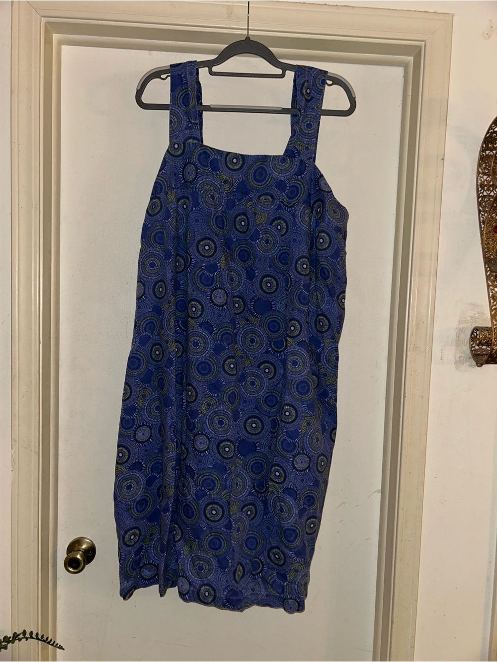 Blue Patterned Sleeveless Square-Neck House Dress